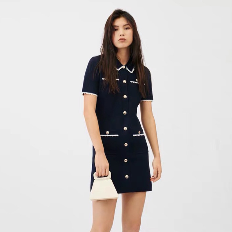Maje spring and summer polo collar contrast color lace short sleeve slim knit dress women 0144