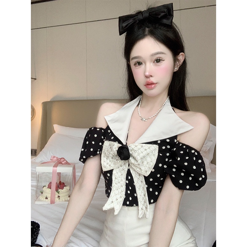 Áo Kiểu Chiffon Tay Phồng Đính Nơ Màu Sắc Tương Phản Phong Cách Retro Pháp