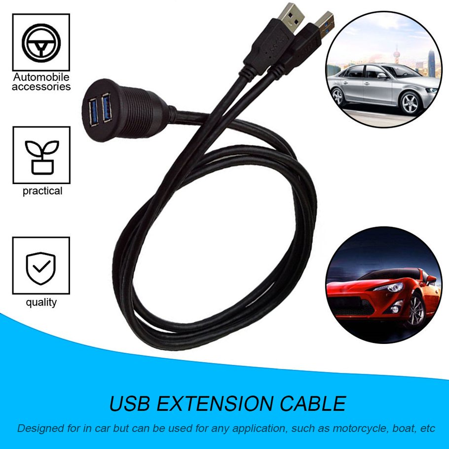 Car Dashboard Flush Mount USB Dock Adapter Dashboard Panel Port Male Female Cable Extension Cable for Motorcycle Boat