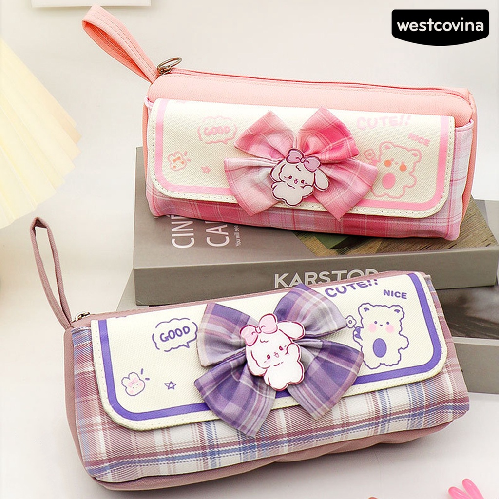 [COD]♪Túi Đựng Bút Bằng Vải Bạt Hai Lớp Sức Chứa Lớn Thắt Nơ