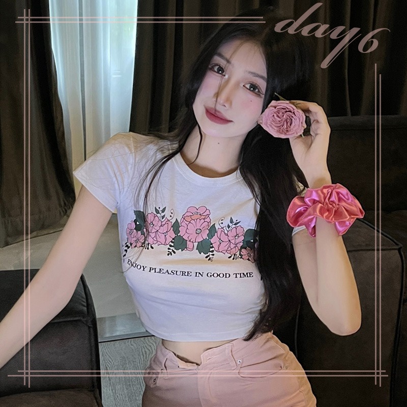 Áo Thun Nữ Ngắn Tay Cổ Tròn In Hoa Phong Cách Hàn Quốc