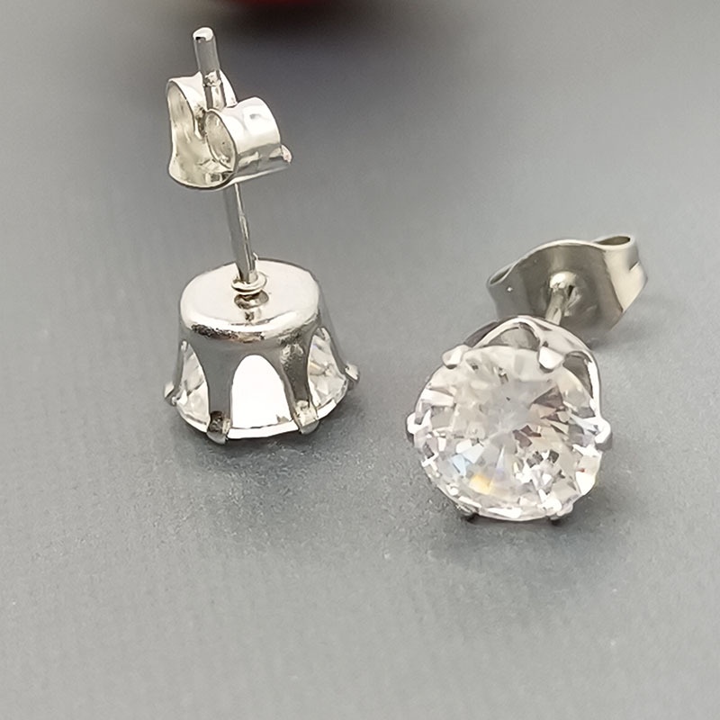 Bông Tai Inox 316 Hình Vương Miện Sáu Móng Đính Đá Zircon Sang Trọng