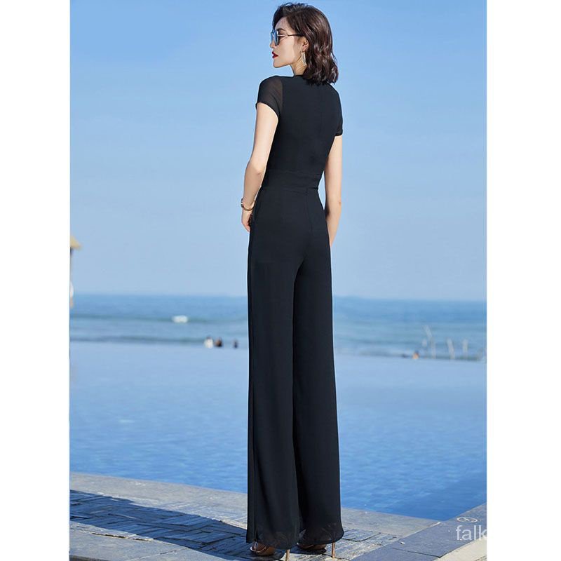 Jumpsuit Lưng Cao Ống Rộng Màu Đen Thời Trang Mùa Hè 2023 Cho Nữ