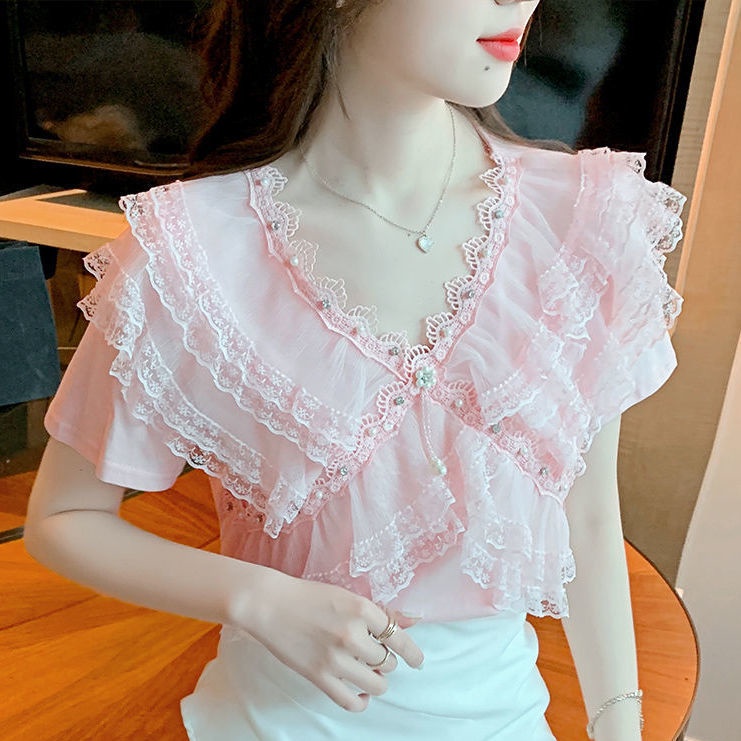 Áo Thun Ngắn Tay Cổ Chữ V Phối Ren Bèo Đính Hạt Ngọt Ngào Thời Trang Mùa Hè Phong Cách Mới 2023