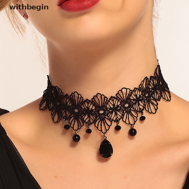 Vòng Cổ Choker Ren Màu Đen Đính Đá Pha Lê Phong Cách Gothic Cổ Điển Cho Nữ