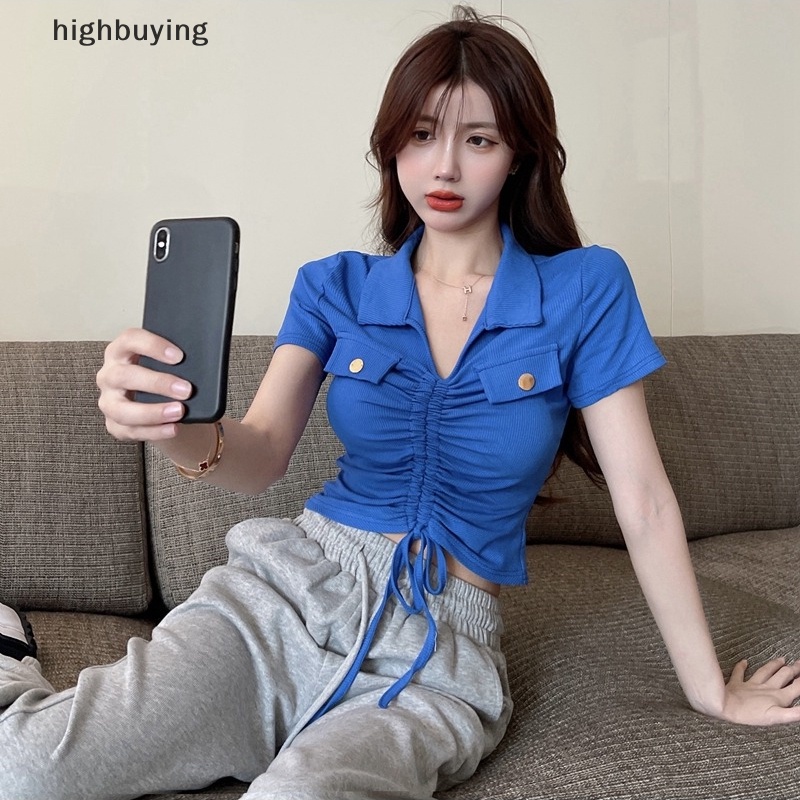 Áo Thun Lửng Tay Ngắn Cổ Chữ V Màu Sắc Đơn Giản Cho Nữ