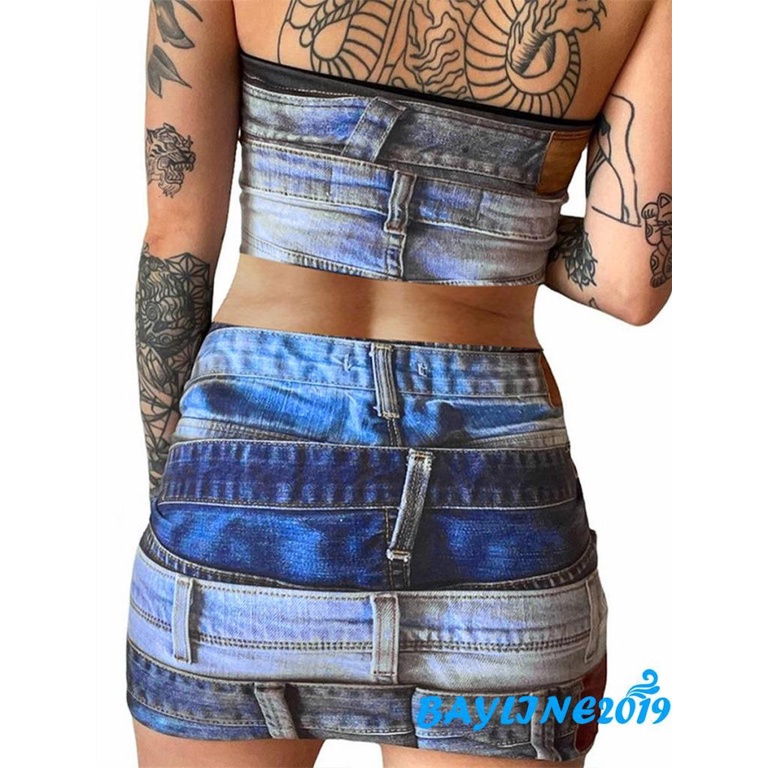 Bộ Áo 2 Dây In Họa Tiết Denim 3D + Chân Váy Ngắn Lưng Cao Co Giãn Thời Trang Mùa Hè Dành Cho Nữ