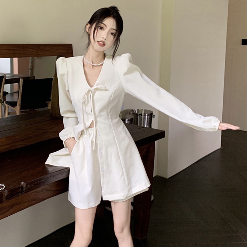 Bộ Áo Tay Dài Buộc Dây Eo Cao + Quần Short Phong Cách Pháp Thời Trang Cho Nữ
