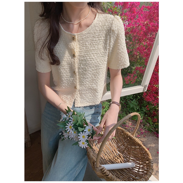 SUXI Áo Kiểu Tay Phồng Ngắn Màu Sắc Đơn Giản Phong Cách Vintage Hàn Quốc