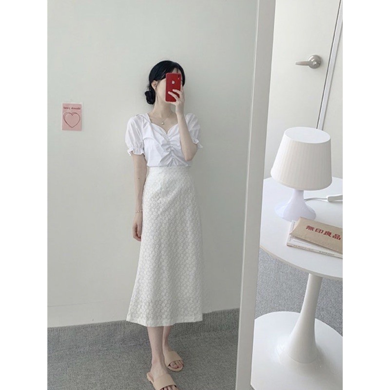 [Hàng Quảng Châu]P117 Áo hot girl cổ tim tay bồng rúm ngực