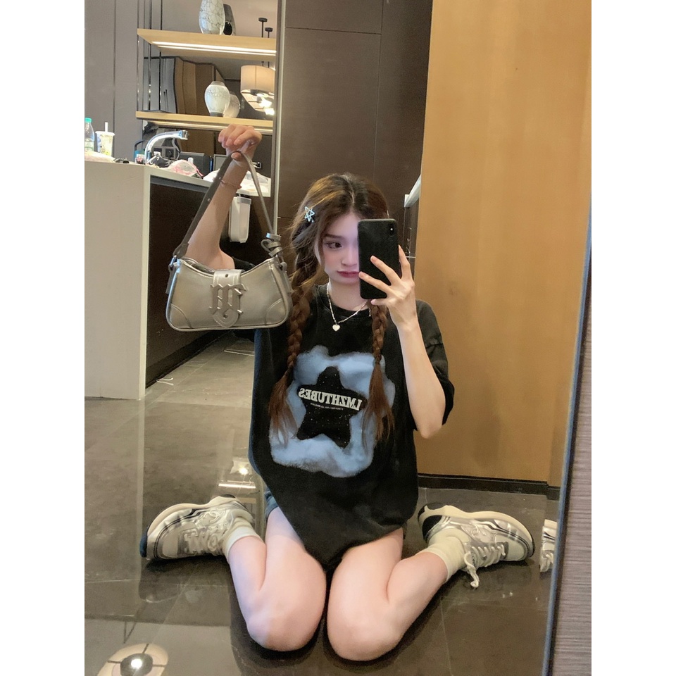 Áo Thun Đen Dáng Rộng In Chữ Và Ngôi Sao Thời Trang Mùa Hè Năng Động