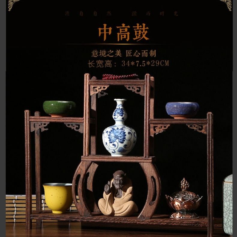 Kệ Gỗ Trơn Trưng Bày Bộ Ấm Trà Phong Cách Trung Hoa