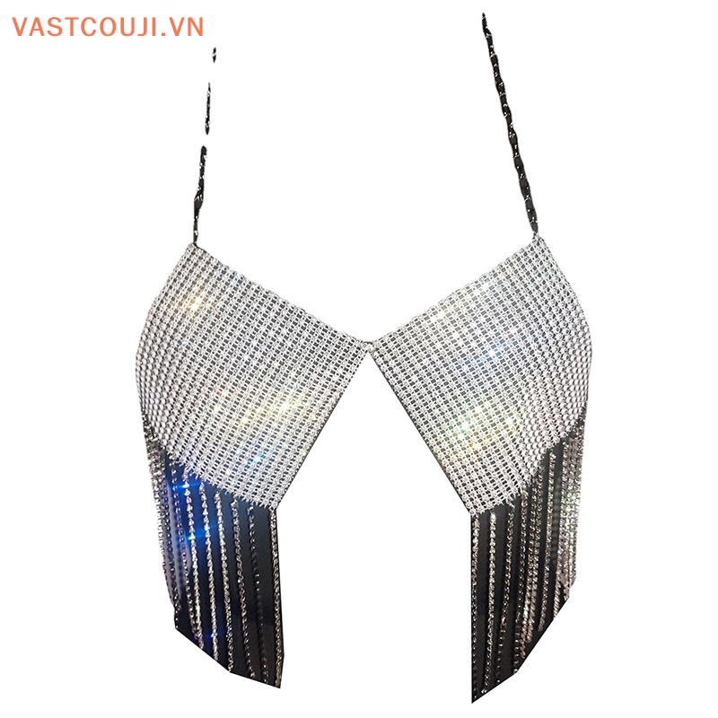 Áo Hai Dây Mỏng Vừa Vặn Hở Lưng Đính Đá Kim Cương Pha Lê Tua Rua Thời Trang Gợi Cảm Cho Nữ