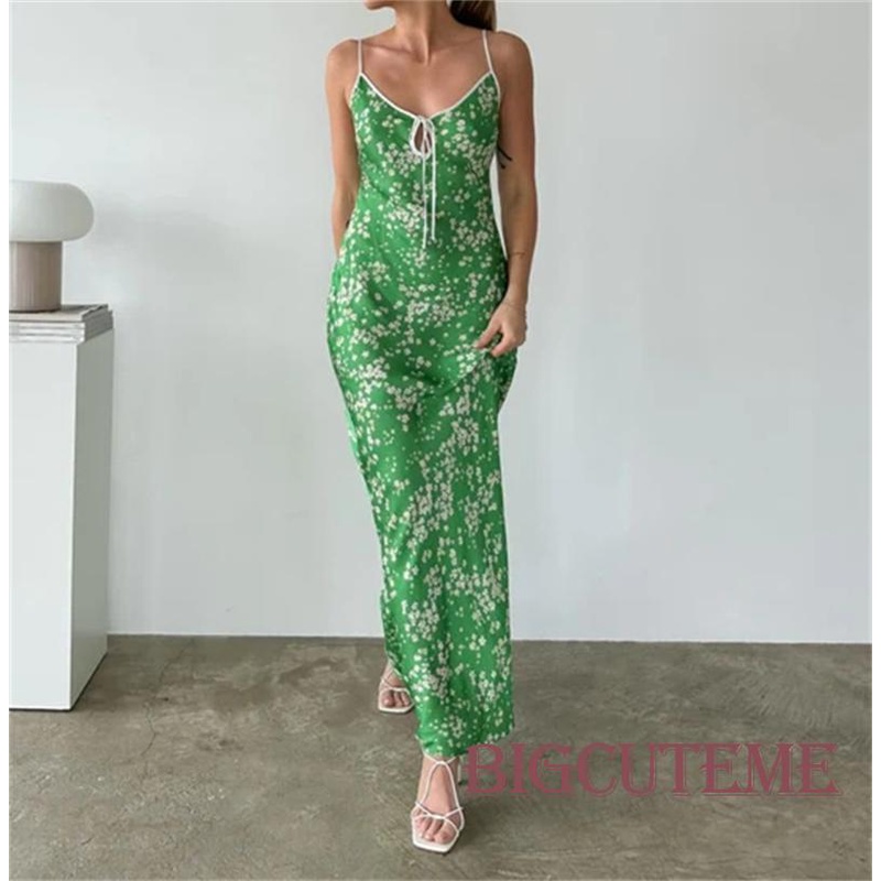 [] - Đầm Dài Dáng Ôm Không Tay Hai Dây Hở Lưng In Hoa Màu Xanh Lá Thời Trang Mùa Hè Dành Cho Bạn Nữ