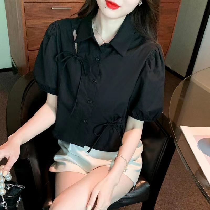 Áo Sơ Mi Tay Ngắn Phồng Ngắn Phối Dây Rút Thời Trang Mùa Hè Hàn Quốc Mới Cho Nữ