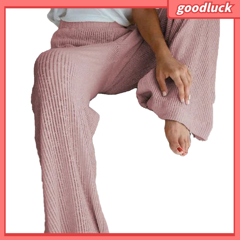 Quần Dài Dệt Kim Ống Rộng Lưng Cao Màu Trơn Thời Trang Mùa Thu Cho Nữ