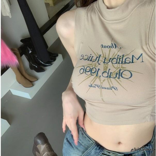 Áo Croptop Sát Nách Cổ Cao In Chữ Thời Trang Mùa Hè Cho Nữ