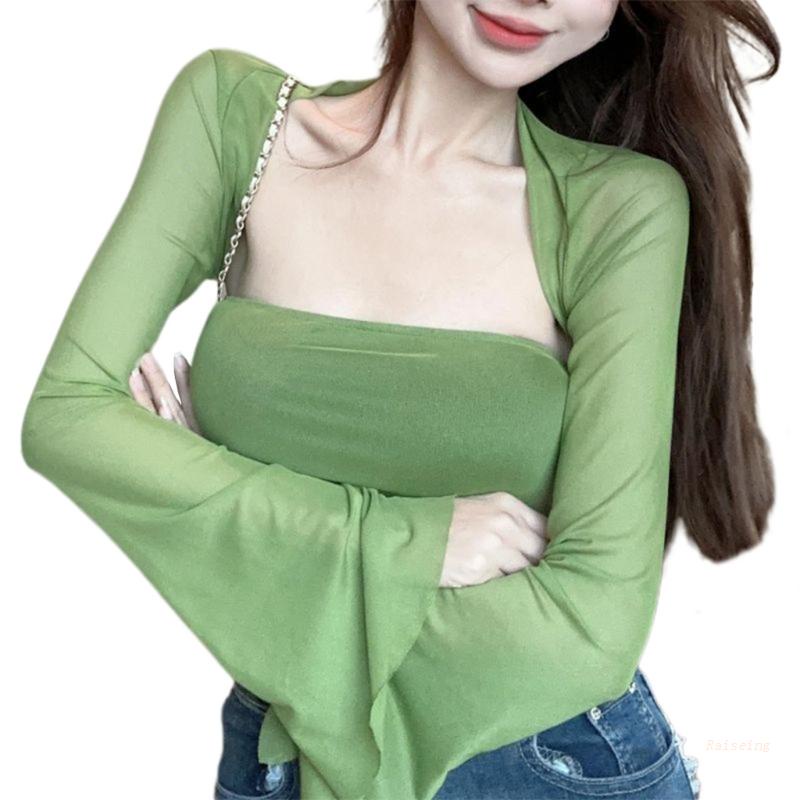 Set Áo Croptop Lưới Tay Dài Và Quần Ống Ôm Màu Trơn Thời Trang Mùa Hè Quyến Rũ Cho Nữ Y2k Grunges