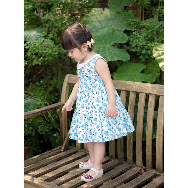 Váy Bé Gái CARROT Cổ Viền Nơ, Daisy Xanh, Chất Liệu Thô Cotton Thấm Hút Mồ Hôi Tốt