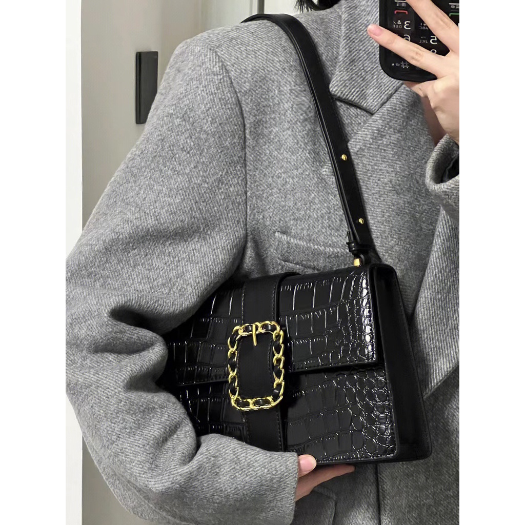 Túi Xách Đeo Vai Họa Tiết Da Cá Sấu Màu Đen / Vàng Sức Chứa Lớn Thời Trang Cao Cấp