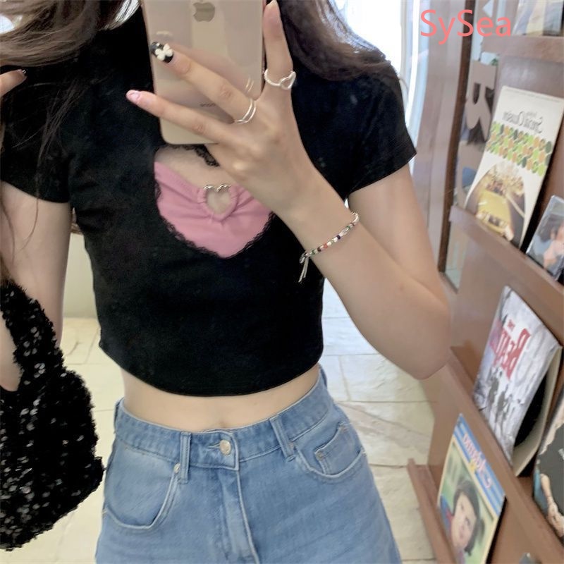 Áo Croptop Họa Tiết Trái Tim Ngọt Ngào Thời Trang Mùa Hè Hàn Quốc Cho Nữ
