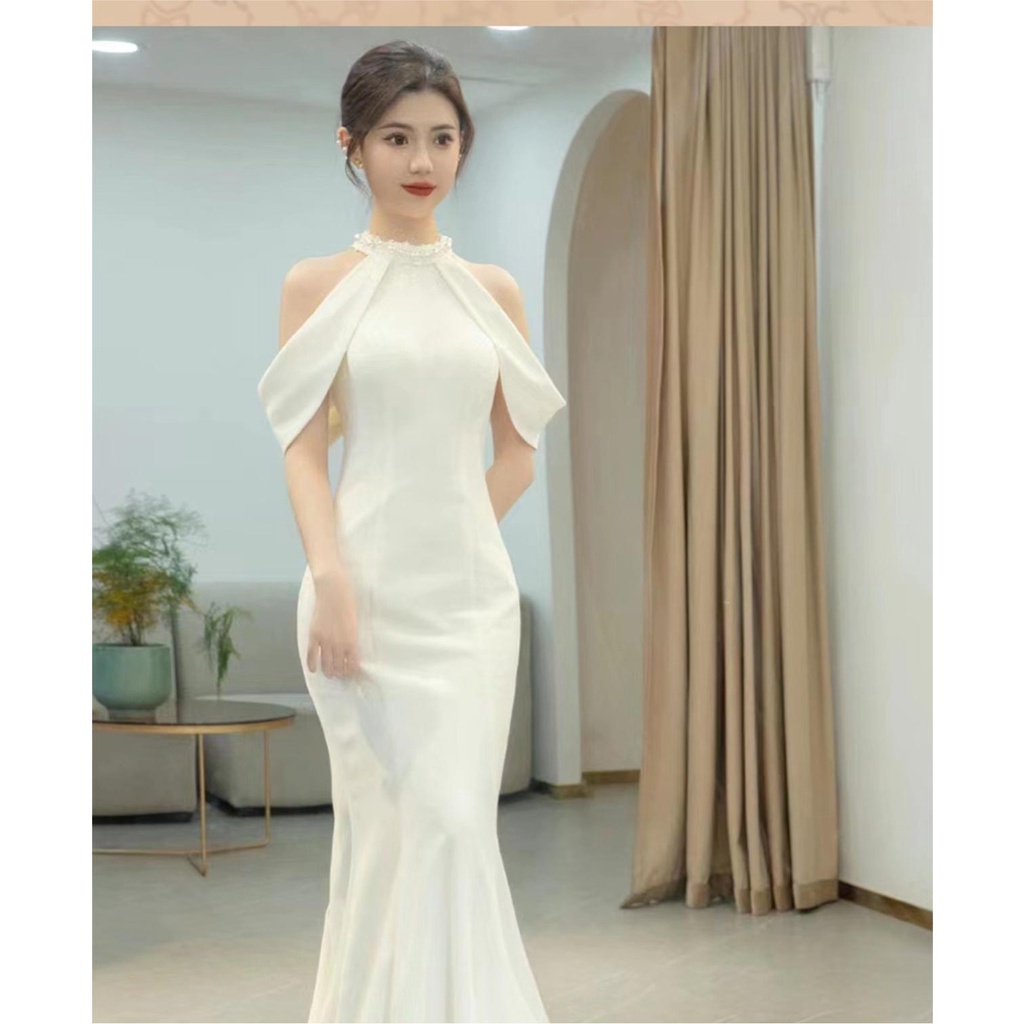 Đầm Cô Dâu Màu Trắng Trăng Mật Thiết Kế Đơn Giản Thời Trang