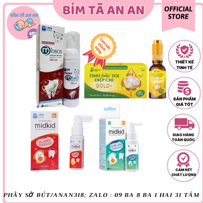 Xịt chống sâu răng, Midkid xanh, midkid đỏ, midbos, Tinh dầu tỏi diệp Chi