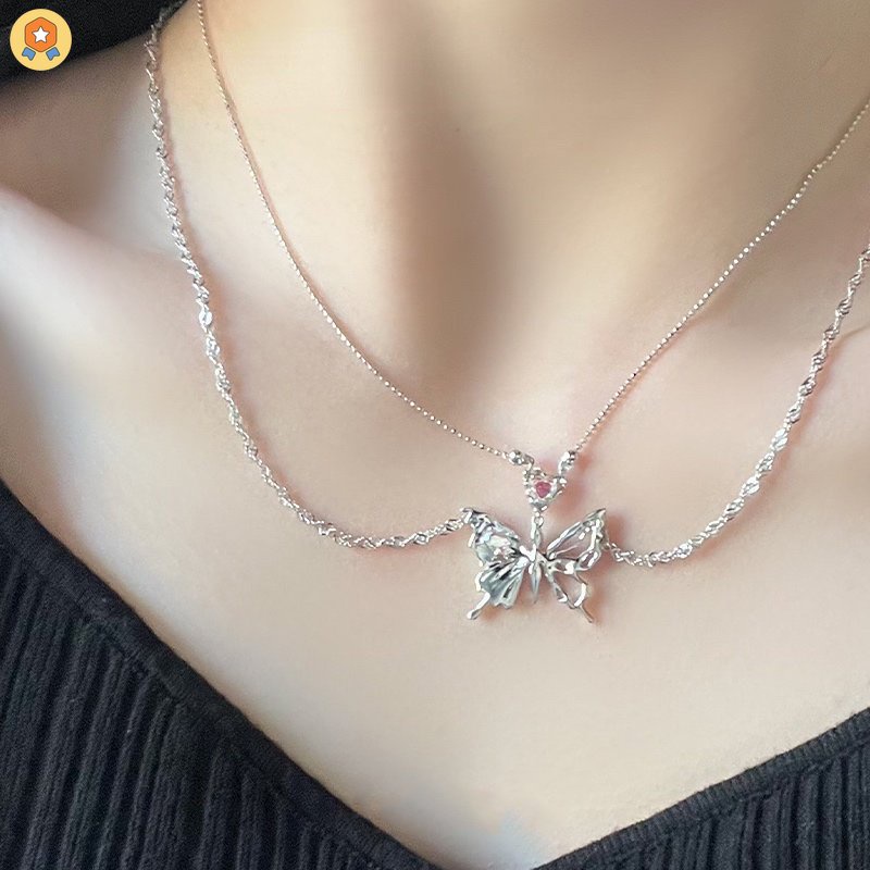 Vòng cổ Hai Lớp Mặt Hình Trái Tim Và Bướm Phong Cách Hip Hop Kpop Cho Nữ HGF HYJP2