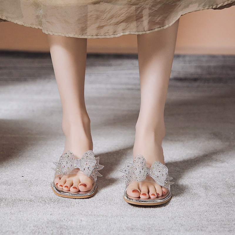 Duoya Tóc Thẳng ~ [Hàng Có Sẵn] Dép Cao Gót Đính Đá Pha Lê Trong Suốt Hình Nơ Dành Cho Nữ Mang Ngoài Trời Miễn Phí Vận Chuyển