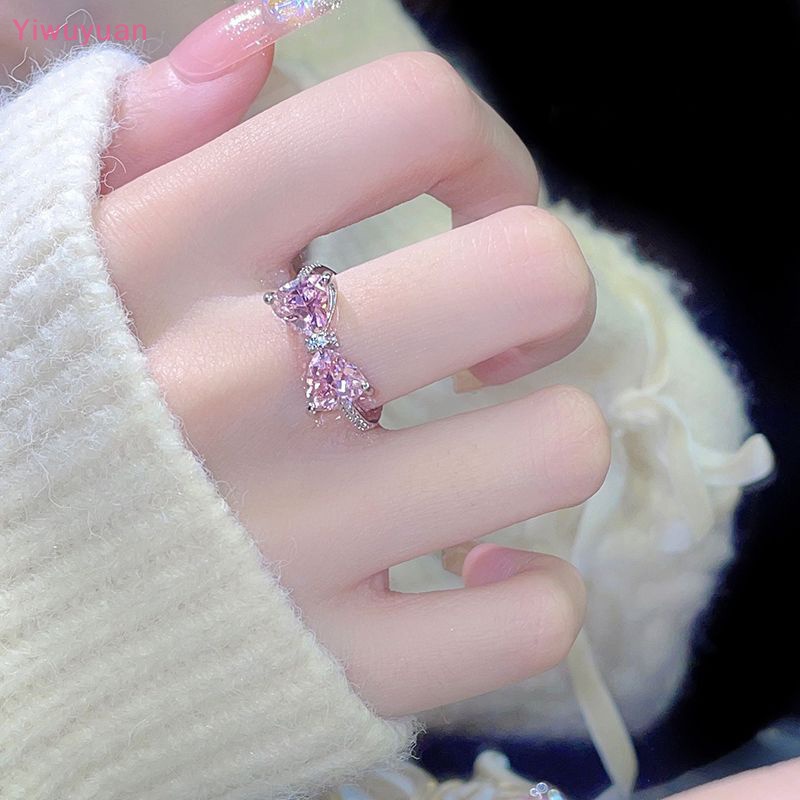 < Yiwuyuan > Nhẫn Hình Nơ Đính Kim Cương Màu Hồng Có Thể Điều Chỉnh Phong Cách Ngọt Ngào Làm Quà Tặng Sinh Nhật Cho Nữ