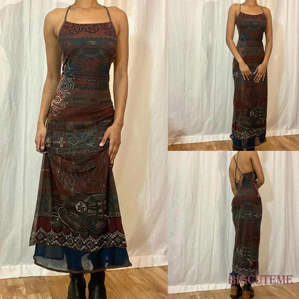 Đầm Dài Không Tay Hở Lưng Dáng Ôm In Họa Tiết Vintage Thời Trang Mùa Hè Dành Cho Nữ