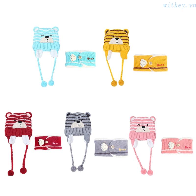 Set 2 Mũ Dệt Kim Mềm Giữ Ấm Mùa Thu Đông In Họa Tiết Gấu Dễ Thương Cho Bé Trai + Gái