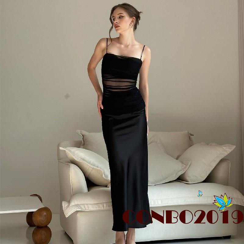 Đầm Hai Dây Dáng Dài Màu Sắc Trơn Phối Lưới Xuyên Thấu Thời Trang Quyến Rũ Cho Nữ