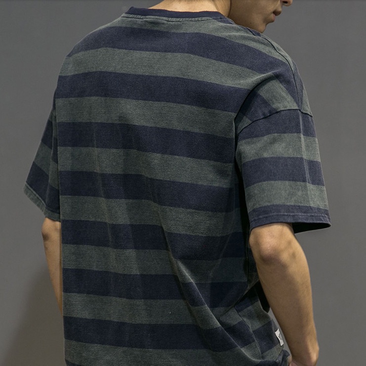 Áo Thun Cotton Tay Ngắn Cổ Tròn Dáng Rộng Họa Tiết Kẻ Sọc Thời Trang Mùa Hè Cho Nam