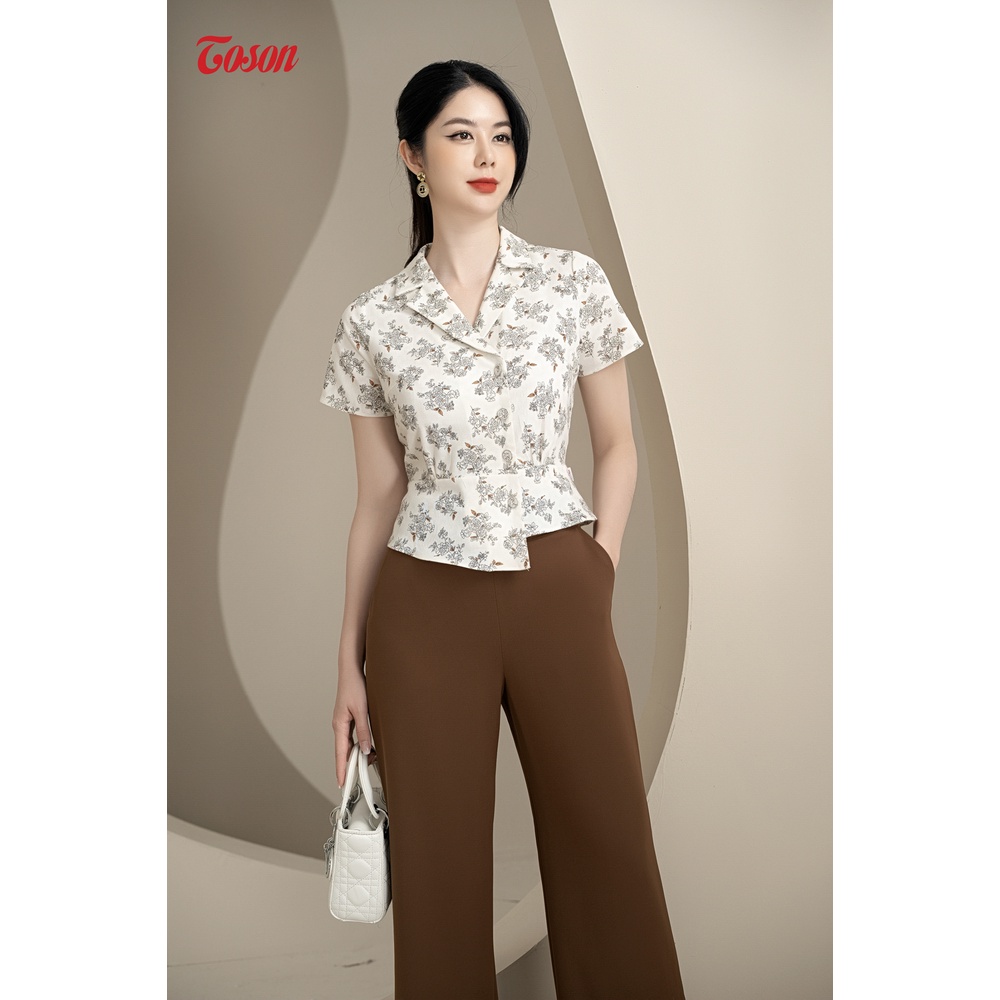 Áo linen trắng kem in hoa nhỏ, cổ K dáng peplump 12014W93 Toson