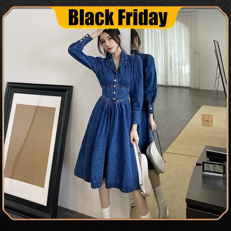 2021 new vintage bubble-sleeved denim dress women's long sleeves show their backs and take care of the princess skirt tide