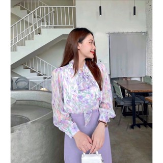  Áo sơ mi  tơ hoa công sở cổ nơ dài tay hàng 2 lớp L201 