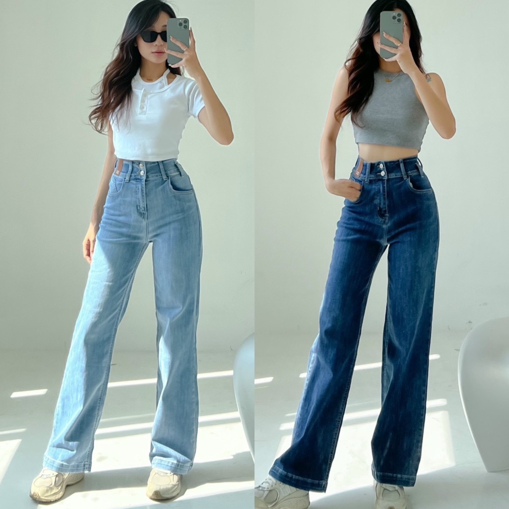 Quần jeans nữ Suông Ống Đứng Big Size lưng siêu cao, co dãn mạnh, Siêu Rẻ Đẹp 4529