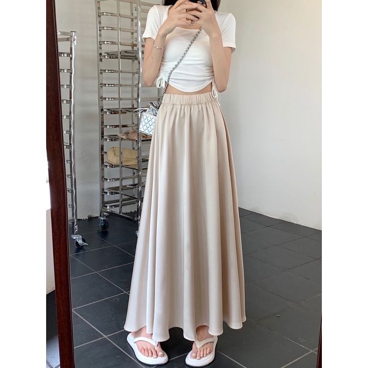 SUXI Chân Váy Satin Dài Lưng Thun Màu Sắc Đơn Giản Phong Cách Hàn Quốc