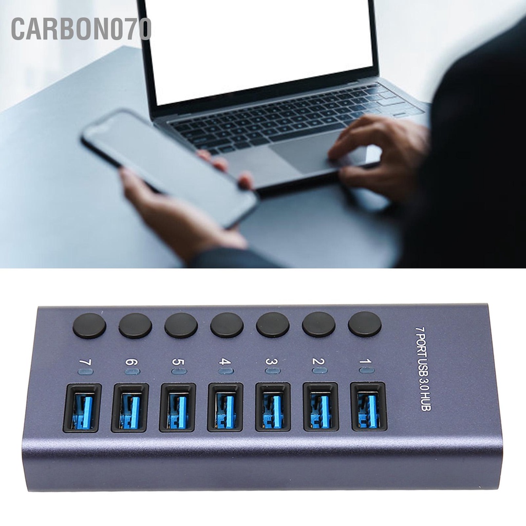 Carbon070 Hub USB 3.0 7 Cổng 5Gbps 5V 2.4A 36W Công Tắc Cá Nhân Đèn LED Chỉ Báo Đế Cắm Cho Điện Thoại Máy Tính 100‑240V