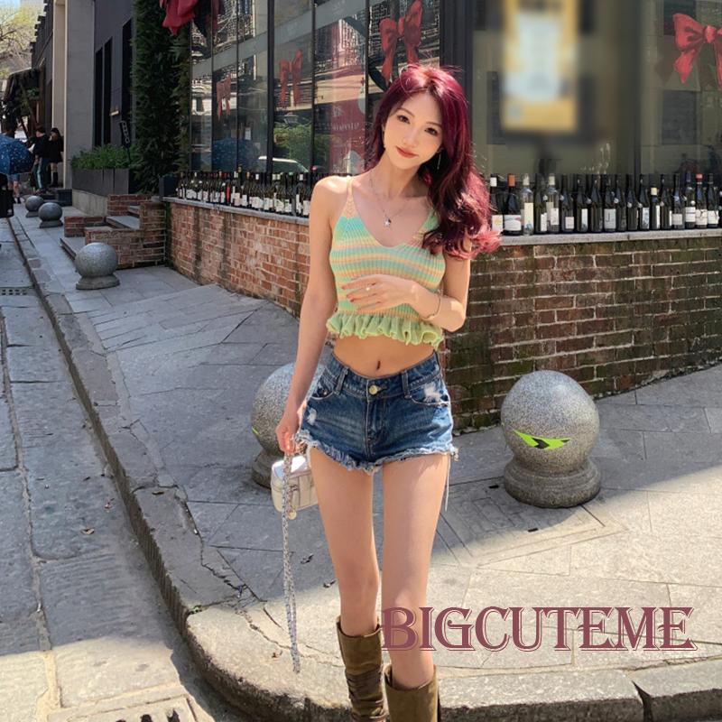 [] Áo Dệt Kim Không Tay Cổ Chữ V Ôm Dáng Họa Tiết Kẻ Sọc Thời Trang Mùa Hè Dành Cho Nữ