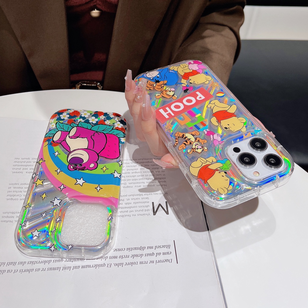 Ốp Điện Thoại TPU Dẻo Màu Laser Họa Tiết Gấu Dâu Tây / Gấu Pooh Dễ Thương Chống Rơi Cho iPhone 12 13 14 Pro Max