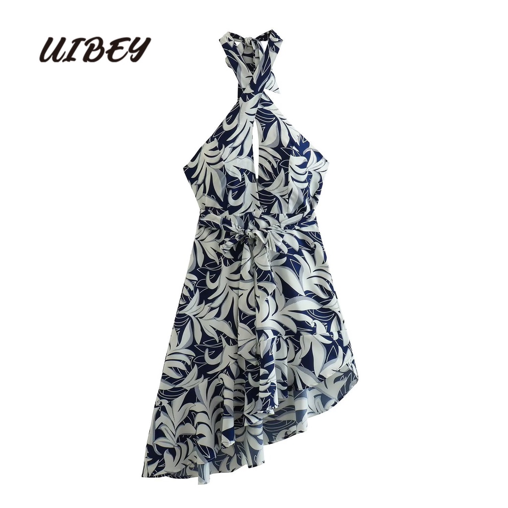 Uibey Bán Sỉ Đầm Cổ Treo Không Đều Có Diềm Xếp Nếp In Họa Tiết 425