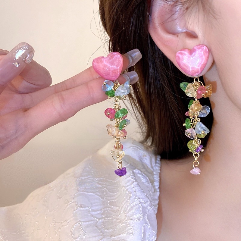 Bông Tai Dáng Dài Hình Trái Tim Đính Đá Phối Tua Rua Thời Trang Cho Nữ