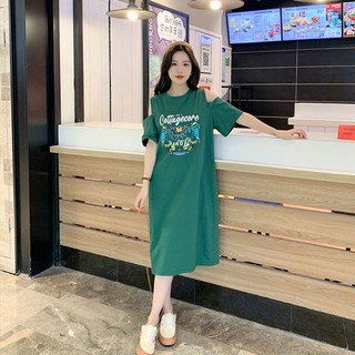 [Plus Size] (40-150kg) Đầm Nữ Dáng Dài Qua Gối Tay Ngắn & Vai In Hình