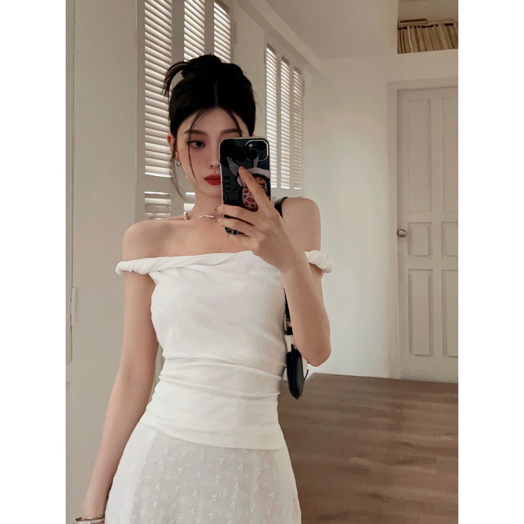 Liasynn Áo Thun Dệt Kim Trễ Vai Thắt Nút Thời Trang Mùa Hè Cho Nữ