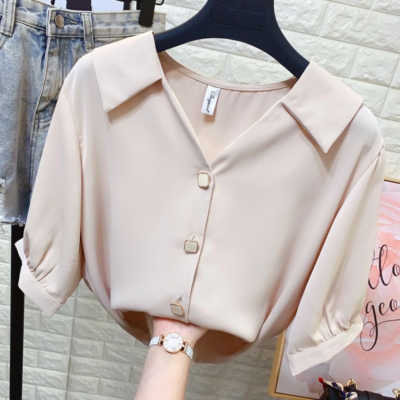 Áo Sơ Mi Chiffon Tay Ngắn Dáng Rộng Cổ Chữ V Đính Nút Ngọc Trai Phong Cách Hong Kong Thời Trang Mùa Hè Mới Cho Nữ