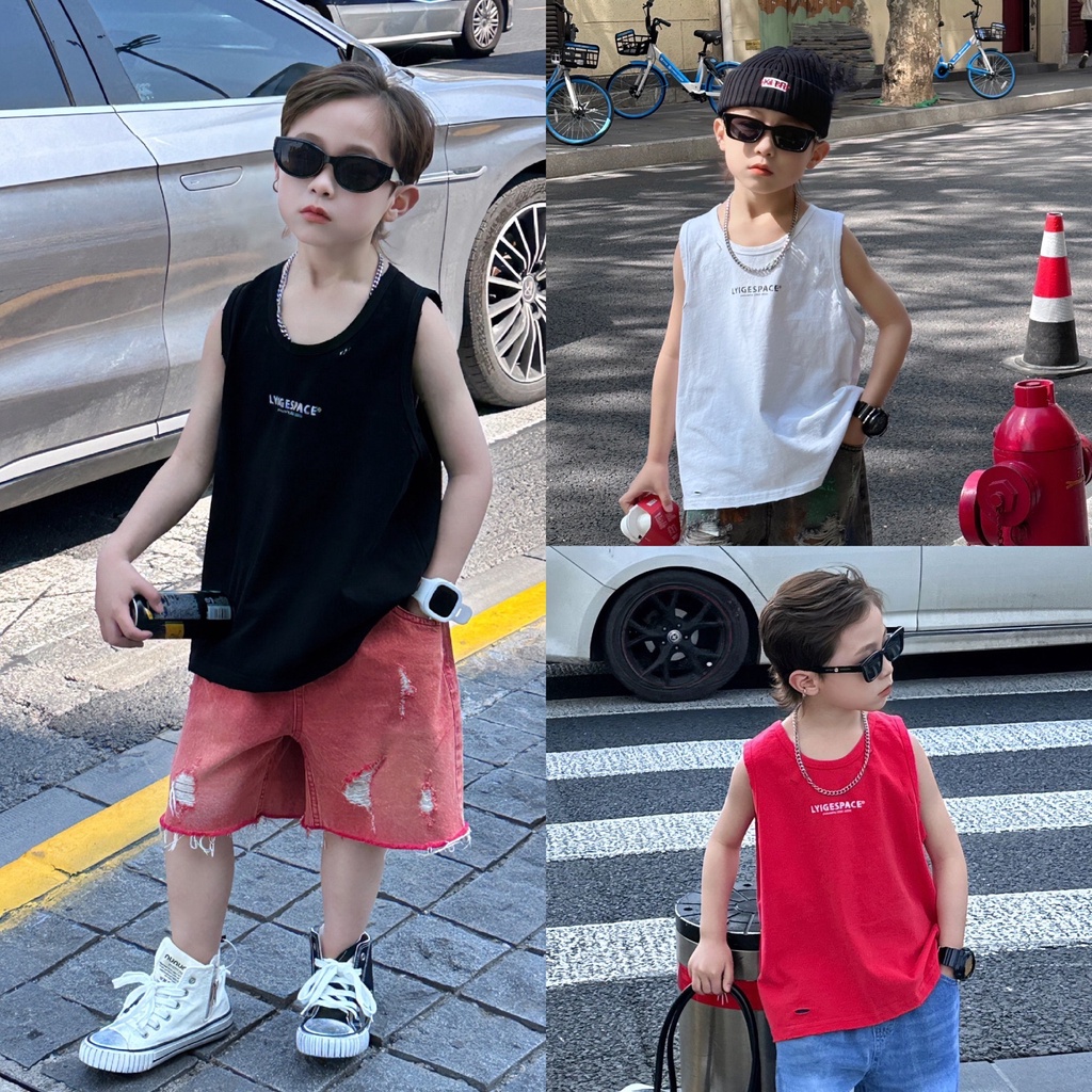 Áo thun ba lỗ bé trai chữ nhỏ AB735 sz 90-140, áo cotton sát nách đơn giản, thời trang mùa hè cho bé