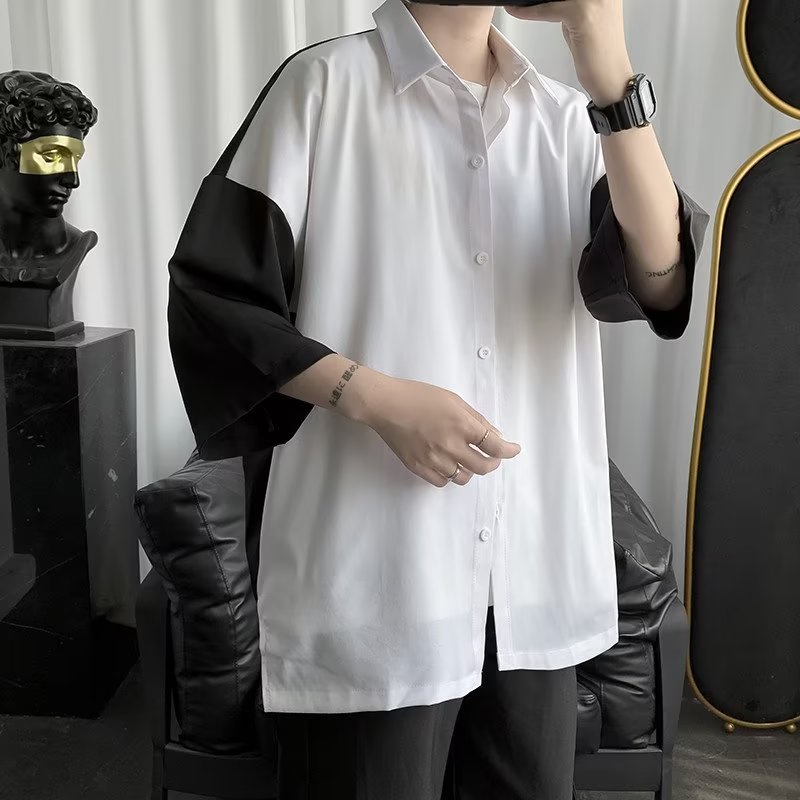 Áo Sơ Mi Tay Ngắn Dáng Rộng Vải Lụa Lạnh Cỡ Lớn Phối Màu Đen Trắng Cá Tính Cho Nam