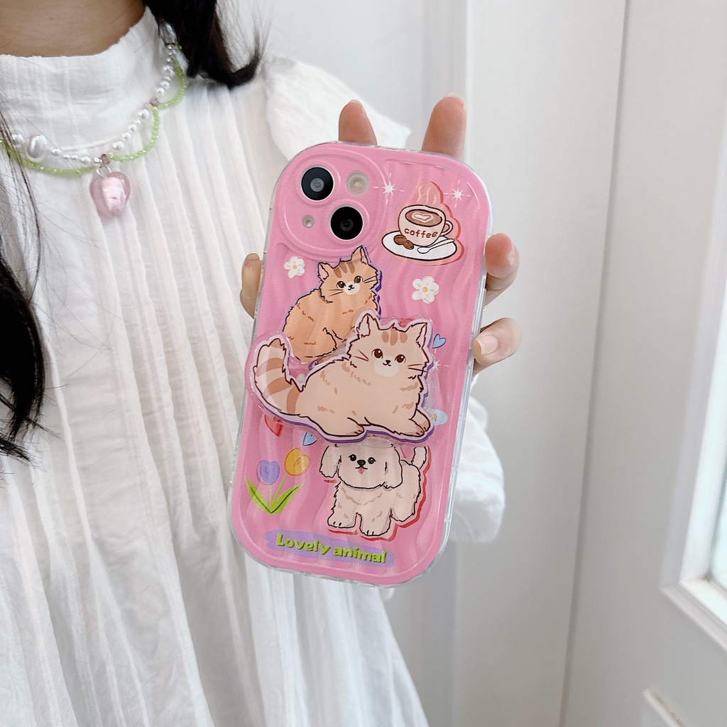Ốp Điện Thoại TPU Dẻo Trong Suốt Họa Tiết Hoạt Hình Chó Mèo Kèm Giá Đỡ Cho iPhone 13 12 11 Pro Max 14 Plus